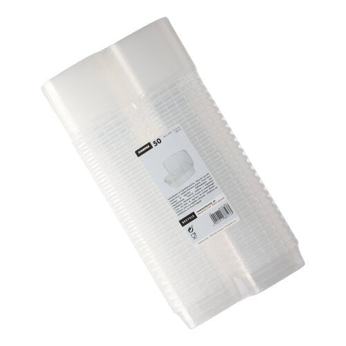 Een stapel van 50 Starpak fijnkostbekers, PP transparant met originele rechthoekige sluiting, in doorzichtige verpakking met wit etiket met productinformatie en barcode.
