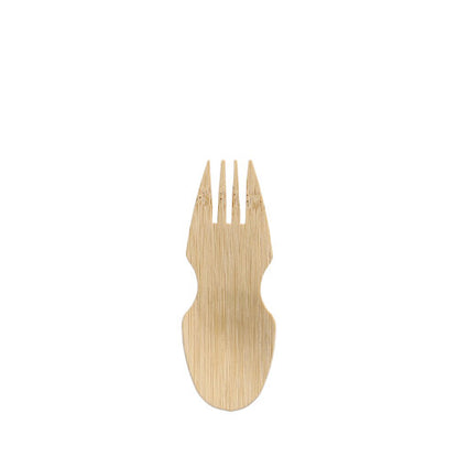 De PAPSTAR göffel van bamboe "pure" (8,5 cm), combineert lepel en vork in één, ideaal voor fingerfood. Bevat 50 stuks in vouwdoos - duurzaam feestbenodigdheden van PAPSTAR GmbH.