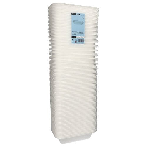 Afgebeeld is een hoge stapel Starpak 100 verzegelschalen, XPS wit gelamineerd, in plasticfolie met blauw fronte etiket met productinformatie - ideaal voor gebruik in de horeca.