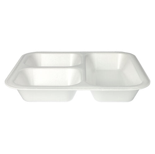 Die Starpak 50 Siegelschalen sind weiße, laminierte XPS-Schalen (4,2 x 24,5 x 26,5 cm) mit drei Fächern – rechteckig und zum Einmalgebrauch, ideal für Gastronomie- oder Lebensmittelverpackungsanforderungen.