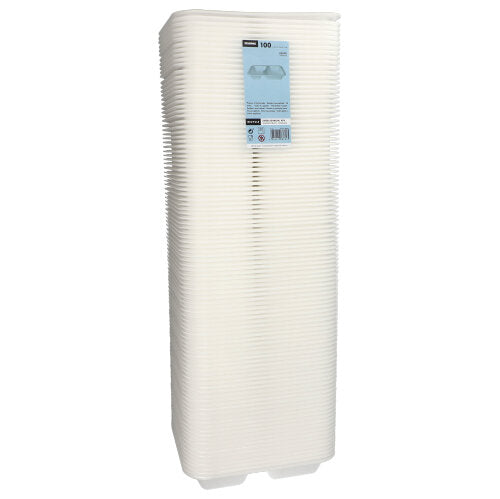 Een stapel van 100 wit gelamineerde XPS-2-vak schalen van Starpak, genaamd 'Starpak 100 verzegelde schalen', wordt in plasticfolie gewikkeld en geleverd met een blauw label - perfect als voedselverpakking.