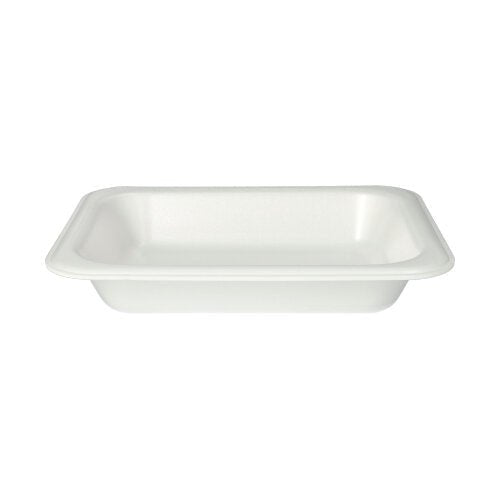 De Starpak 100 verzegelschalen zijn witte, rechthoekige XPS-gelamineerde wegwerpschalen met licht verhoogde randen en een vlakke bodem - perfect voor hygiënisch gebruik in de horeca. Gefotografeerd op een witte achtergrond.