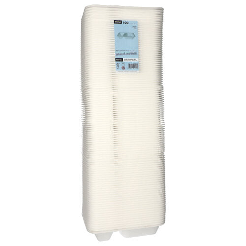 Een stapel van 100 Starpak-voedselbakken van wit, gelamineerd XPS met twee vakken, verhoogde randen, rechthoekige vorm en een blauw label bovenop. Merk: Starpak.