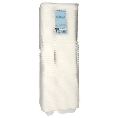 Een stapel van 100 Starpak-voedselbakken van wit, gelamineerd XPS met twee vakken, verhoogde randen, rechthoekige vorm en een blauw label bovenop. Merk: Starpak.