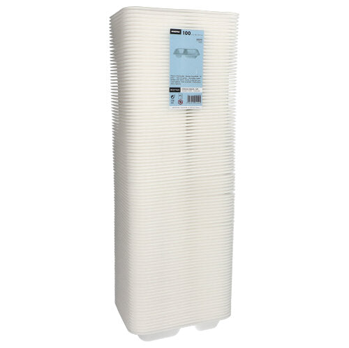Een hoge stapel van 100 Starpak verzegelde schalen, XPS 2-delig, wit gelamineerd, met een label aan de voorkant. De witte, rechthoekige voedselverpakkingen van Starpak zijn netjes uitgelijnd en samen verpakt.