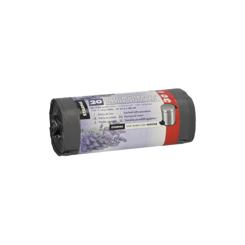 Een rol Starpak 20 vuilniszakken van LDPE, grijs met lavendelgeur (30 l, 60x50 cm), bevat 20 geurzakjes per verpakking. Het etiket toont productdetails evenals een lavendelafbeelding.