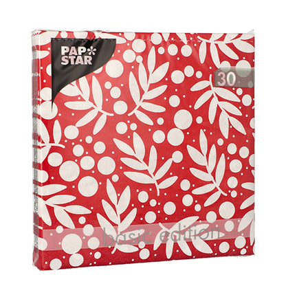 Eine Packung mit 30 PAPSTAR 3-lagigen Servietten (33x33 cm, 1/4 Falz) der PAPSTAR GmbH, mit rotem Hintergrund mit weißen Blättern und Punkten und der Aufschrift „Basic Edition“ in der unteren rechten Ecke.