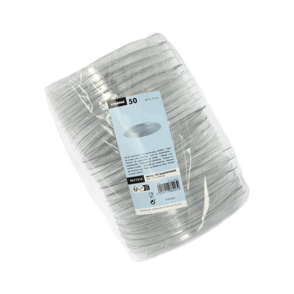 Een verpakking met 50 ronde, doorzichtige PET-deksels (2 cm hoog) voor slakommen van Starpak, in plastic gewikkeld en voorzien van een etiket aan de voorkant met daarop het merk Starpak, de hoeveelheid en de gebruiksaanwijzing.