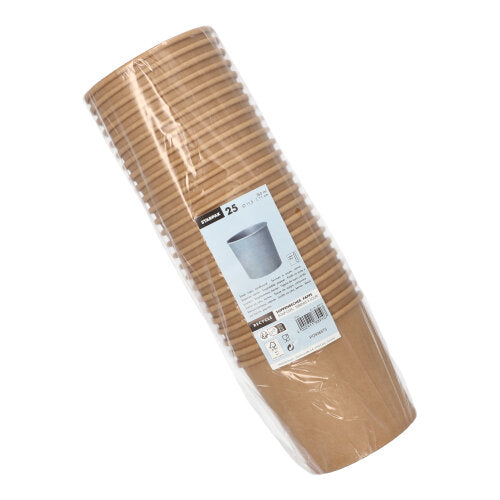 Een verpakking met 25 bruine Starpak soepbekers van karton (Ø 11,5 cm), van Starpak, is verpakt in transparante folie met wit etiket - ideaal om van soep te genieten of mee te nemen.