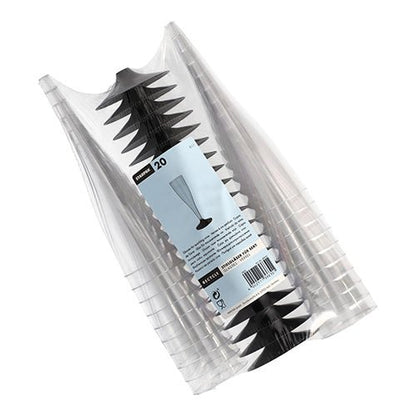 Een doorzichtige plastic verpakking met 20 hoge, slanke Starpak-steelglazen voor witte wijn (PS glashelder), gestapeld met een wit etiket met productinformatie, barcode en een diagram van een elegant glas.