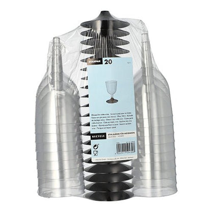 Een stapel van 20 Starpak steelglazen voor witte wijn van helder PS is samen verpakt in folie, met een lichtblauw etiket dat productinformatie en een eenvoudige illustratie van een wijnglas in elegant design toont.