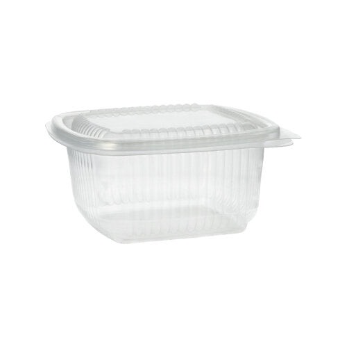 Ein transparenter, rechteckiger Starpak 100 Verpackungsbecher mit Klappdeckeln (PP) ist geschlossen und leer vor einem schlichten weißen Hintergrund abgebildet.