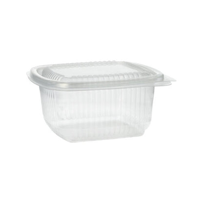 Ein transparenter, rechteckiger Starpak 100 Verpackungsbecher mit Klappdeckeln (PP) ist geschlossen und leer vor einem schlichten weißen Hintergrund abgebildet.