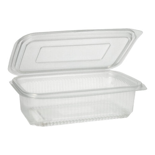 Een transparante, rechthoekige Starpak 50 verpakkingsbeker met scharnierdeksels van Starpak is open en leeg en wordt getoond tegen een eenvoudige witte achtergrond.