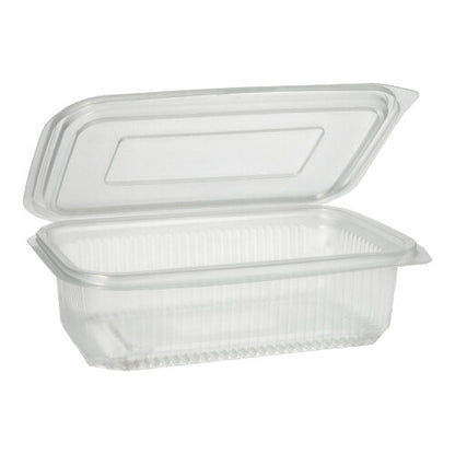 Een transparante, rechthoekige Starpak 50 verpakkingsbeker met scharnierdeksels van Starpak is open en leeg en wordt getoond tegen een eenvoudige witte achtergrond.