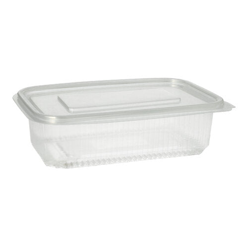 Een Starpak 50 verpakkingsbeker met scharnierdeksels, PP transparant rechthoekig, rust op een eenvoudige witte achtergrond met gesloten doorzichtig deksel.