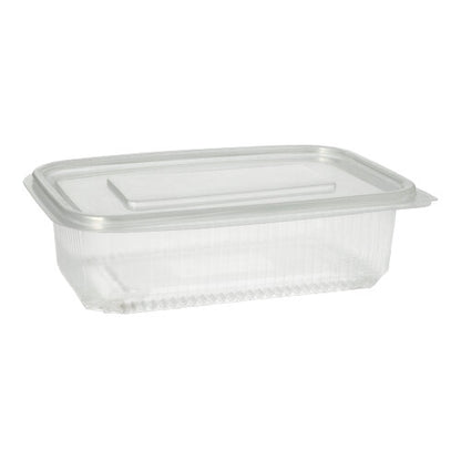 Een Starpak 50 verpakkingsbeker met scharnierdeksels, PP transparant rechthoekig, rust op een eenvoudige witte achtergrond met gesloten doorzichtig deksel.