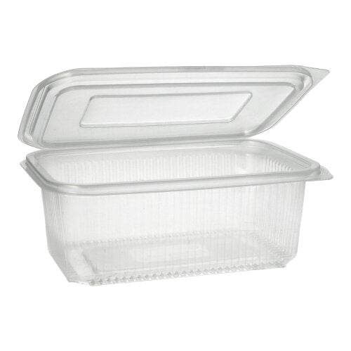 De Starpak 50 verpakkingsbeker met scharnierdeksels is een doorzichtige, rechthoekige PP-container met geribbelde structuur en scharnierdeksel, ideaal voor het veilig bewaren van voedsel.