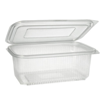 De Starpak 50 verpakkingsbeker met scharnierdeksels is een doorzichtige, rechthoekige PP-container met geribbelde structuur en scharnierdeksel, ideaal voor het veilig bewaren van voedsel.
