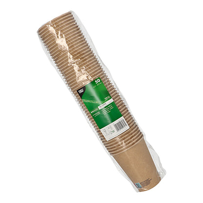 Een verpakking met 50 kartonnen bekers (0,3 l) van de PAPSTAR GmbH van stevig karton, verpakt in doorzichtige folie en voorzien van een groen frontetiket met productinformatie.