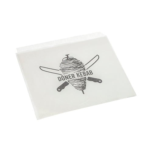 De PAPSTAR döner-kebab-zakken 16x16 cm (wit, krimpfolie, 1000 stuks) van PAPSTAR GmbH hebben een döner-spies met gekruiste messen en "DÖNER KEBAB" - de ideale verpakkingsoplossing voor snackbars.