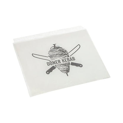 De PAPSTAR döner-kebab-zakken 16x16 cm (wit, krimpfolie, 1000 stuks) van PAPSTAR GmbH hebben een döner-spies met gekruiste messen en "DÖNER KEBAB" - de ideale verpakkingsoplossing voor snackbars.