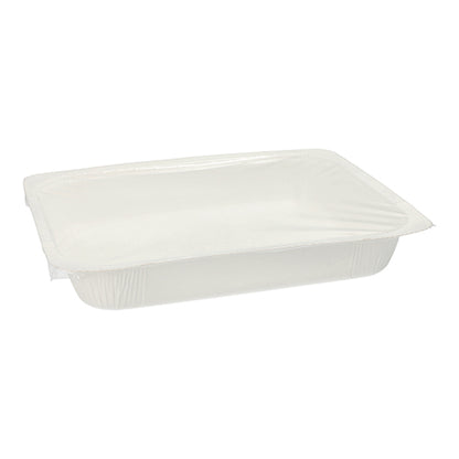 Die Starpak 180 Siegelschalen sind rechteckige, weiße 1200-ml-Papierbehälter (4,2 x 18,9 x 24,8 cm) mit sicherem transparentem Deckel, perfekt für innovative Verpackungslösungen; leer vor weißem Hintergrund abgebildet.