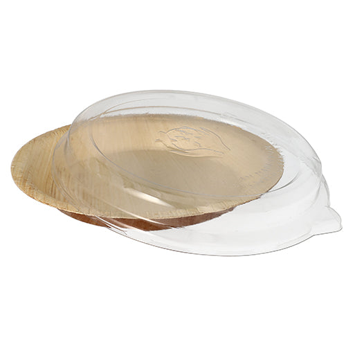 Der Starpak 10 Teller Palmblatt rund 500 ml Ø 23 cm · 5,3 cm Kombipack besteht aus umweltfreundlichen hellbraunen Einwegtellern mit strukturierter Oberfläche und teilweise transparentem rPET-Deckel (10 Stück).