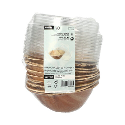 Starpak 10 schaaltjes, palmblad met rPET-deksel 'combipack': Een set milieuvriendelijke wegwerpschaaltjes met gerecycled PET-deksel. De voorkantetiketten tonen recyclingsymbolen en productinformatie.