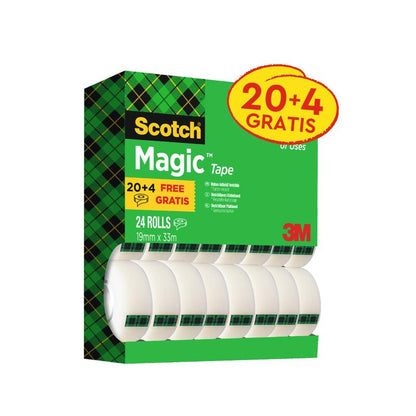 Het Scotch® Magic™ Onzichtbare Plakband Voordeelpak van 3M bevat 24 rollen (19 mm x 33 m) in groene geruite verpakking; het geel-rode "20+4 GRATIS"-label en het 3M-logo zijn zichtbaar.