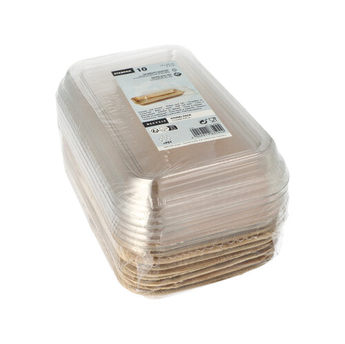 Een stapel Starpak 10 schaaltjes, palmblad met rPET-deksel 'combipack' wegwerpschaaltjes is samen verpakt en in plasticfolie gewikkeld op een eenvoudige witte achtergrond. Bovenop is een productetiket van het merk Starpak te zien.