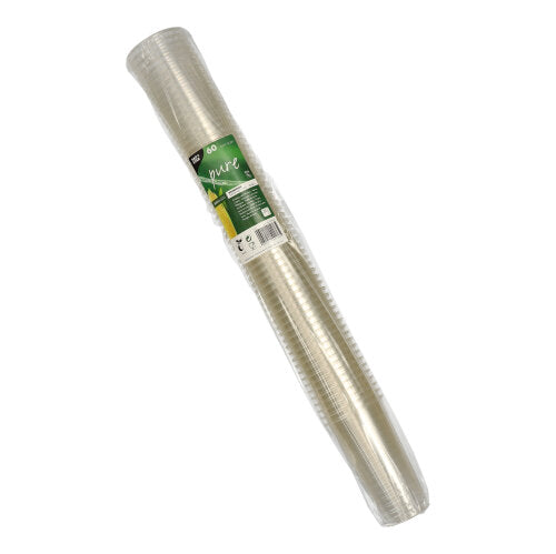 Een verpakking met 60 glasheldere PAPSTAR 'pure' PLA bierbekers (0,2 l, Ø 7,05 cm, 12,4 cm) van de PAPSTAR GmbH is afgebeeld met een groen-wit etiket in een doorzichtige kunststofverpakking op een witte achtergrond.