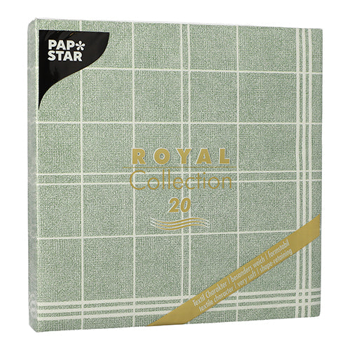 Die PAPSTAR 20 Servietten "ROYAL Collection" (1/4-Falz, 40x40 cm) der PAPSTAR GmbH haben ein grünes Karomuster mit goldenem Schriftzug, enthalten 20 quadratische Servietten pro Kunststoffpackung - ideal für die Tischdekoration.