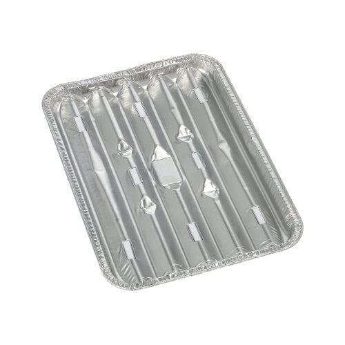 De foto toont een rechthoekige wegwerp-aluminiumschaal (1,4 x 16,3 x 22,7 cm) van Starpak 10 grillschalen met verhoogde ribben en gegolfde rand van stevig folie op een witte achtergrond. De verpakking bevat 10 stuks.