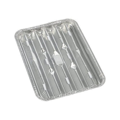 De foto toont een rechthoekige wegwerp-aluminiumschaal (1,4 x 16,3 x 22,7 cm) van Starpak 10 grillschalen met verhoogde ribben en gegolfde rand van stevig folie op een witte achtergrond. De verpakking bevat 10 stuks.