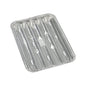 De foto toont een rechthoekige wegwerp-aluminiumschaal (1,4 x 16,3 x 22,7 cm) van Starpak 10 grillschalen met verhoogde ribben en gegolfde rand van stevig folie op een witte achtergrond. De verpakking bevat 10 stuks.