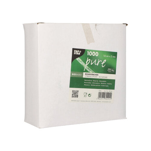 Eine geschlossene weiße Pappschachtel der PAPSTAR GmbH mit der Aufschrift "PAPSTAR Rührstäbchen Holz pure, 14 cm" enthält 1000 umweltfreundliche, biologisch abbaubare Trinkstäbchen in einer Faltschachtel. Die Seiten der Box sind unbedruckt.