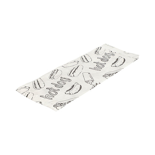 Afgebeeld is een platte, witte PAPSTAR hotdog-zakjes-papierverpakking (21x8,5 cm) met een zwarte hotdog-lijntekening en "Hot Dog"-tekst uit de 1000-stuks krimpverpakking van PAPSTAR GmbH op een witte achtergrond.