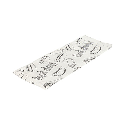 Afgebeeld is een platte, witte PAPSTAR hotdog-zakjes-papierverpakking (21x8,5 cm) met een zwarte hotdog-lijntekening en "Hot Dog"-tekst uit de 1000-stuks krimpverpakking van PAPSTAR GmbH op een witte achtergrond.