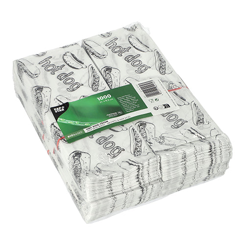 De 1000 PAPSTAR hotdog-zakjes (21x8,5 cm, wit) van PAPSTAR GmbH zijn geseald en voorzien van een zwarte hotdog-afbeelding en het opschrift "Hot Dog". Een groen etiket met productinformatie is aangebracht.
