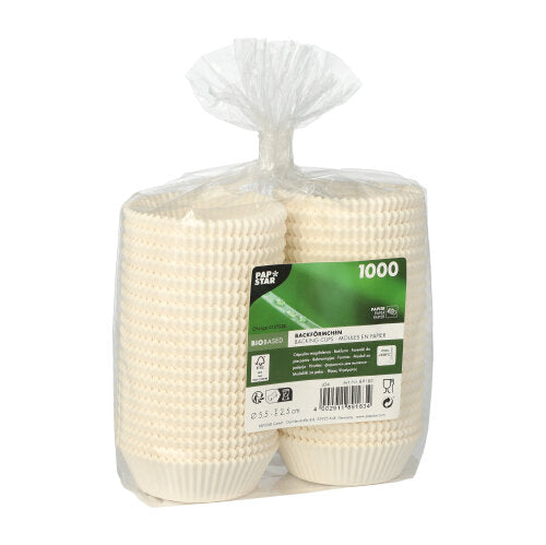 In een transparante plastic zak bevinden zich 1.000 PAPSTAR 1000 bakvormpjes rond van PAPSTAR GmbH, met een groen etiket met productdetails en certificeringen.