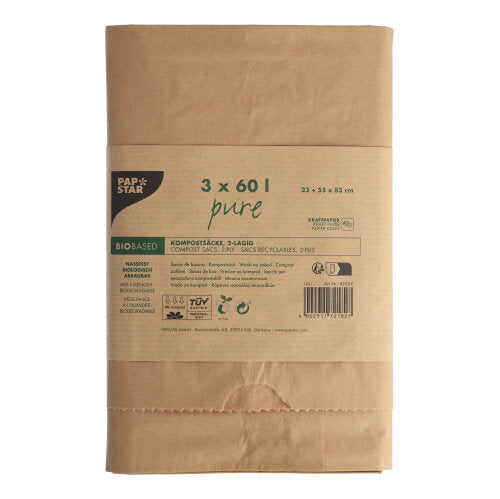 Afgebeeld is een 3-pack PAPSTAR papieren compostzakken "pure", 60 l, 2-laags, bruin met banderol en bedrukte productinformatie/recyclingsymbolen van de PAPSTAR GmbH tegen een witte achtergrond. Elke papieren zak kan tot 60 liter bioafval bevatten.