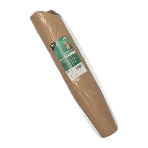 Een rol met 50 PAPSTAR Wrap Cups, bruin karton van de PAPSTAR GmbH, ideaal voor milieuvriendelijke Wrap Cups bij feestjes en evenementen, gedeeltelijk verpakt in doorzichtige folie met een groen-wit informatie-etiket aan de voorkant.