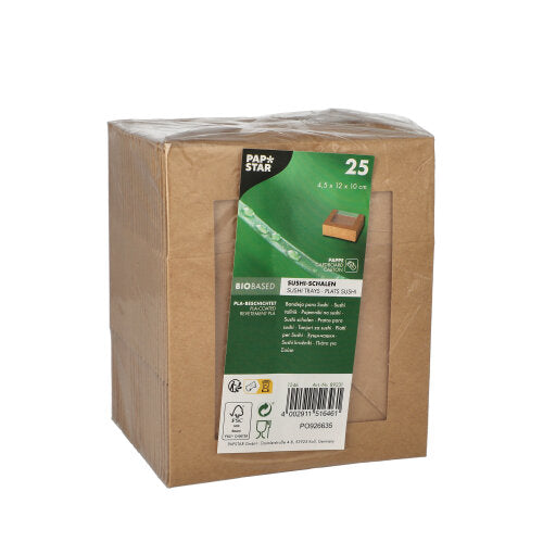 Een bruine kartonnen verpakking met 25 PAPSTAR sushi-schalen (rechthoekig) van de PAPSTAR GmbH draagt op de voorkant productdetails, barcode en milieusymbolen, de bovenkant van de verpakking is transparant.