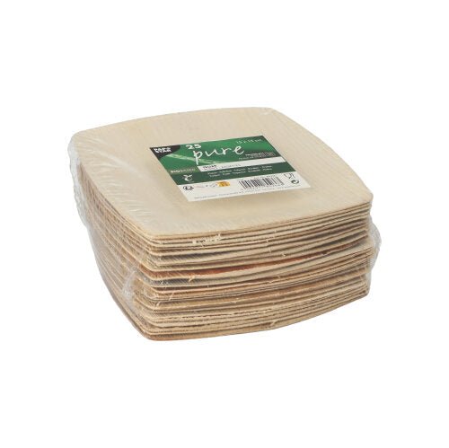 Een stapel van 25 borden van PAPSTAR GmbH, palmblad "pure" natuur "QUADRATO", vierkante, milieuvriendelijke palmbladborden, verpakt in doorzichtige folie en voorzien van een groen-wit etiket aan de bovenkant.