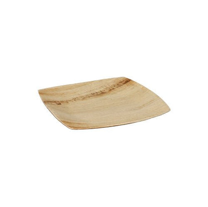 De PAPSTAR GmbH 25 borden, palmblad "pure" natuur "QUADRATO" zijn vierkante, platte wegwerpborden van duurzaam, licht natuurmateriaal en worden gepresenteerd tegen een eenvoudige witte achtergrond.
