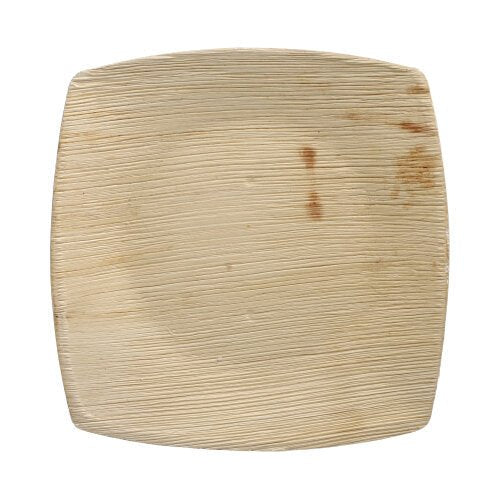 Een vierkante, lichte PAPSTAR 25 borden palmblad "pure" natuur "QUADRATO" van PAPSTAR GmbH met natuurlijke nerf en kleine bruine vlekken rechtsboven, van bovenaf afgebeeld op een witte ondergrond.