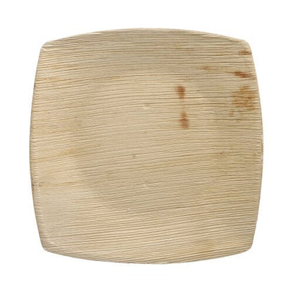 Een vierkante, lichte PAPSTAR 25 borden palmblad "pure" natuur "QUADRATO" van PAPSTAR GmbH met natuurlijke nerf en kleine bruine vlekken rechtsboven, van bovenaf afgebeeld op een witte ondergrond.