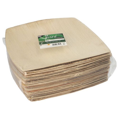 Een 25-pack PAPSTAR palmblad "pure" natuur QUADRATO borden van PAPSTAR GmbH - vierkant, milieuvriendelijk wegwerpservies in doorzichtige folie met groen-wit etiket, ideaal als milieuvriendelijk wegwerpservies voor elk evenement.