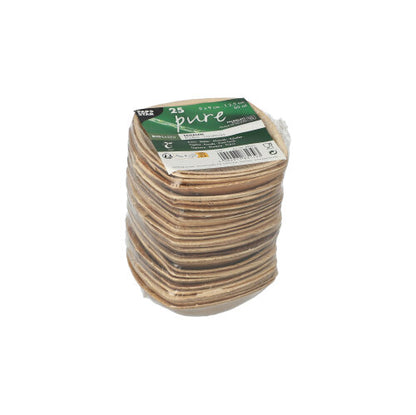 Een stapel vierkante, natuurlijke palmbladschaaltjes van het merk PAPSTAR GmbH is verpakt in plastic. Een groen-wit etiket bovenop vermeldt: PAPSTAR 25 schalen palmblad "pure" "QUADRATO" natuur.